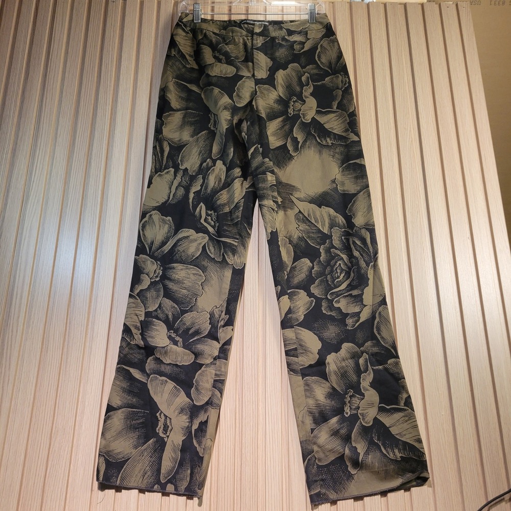 Linda Allard Ellen Tracy Floral Pants Womens 6 Olive Green Black Straight Leg